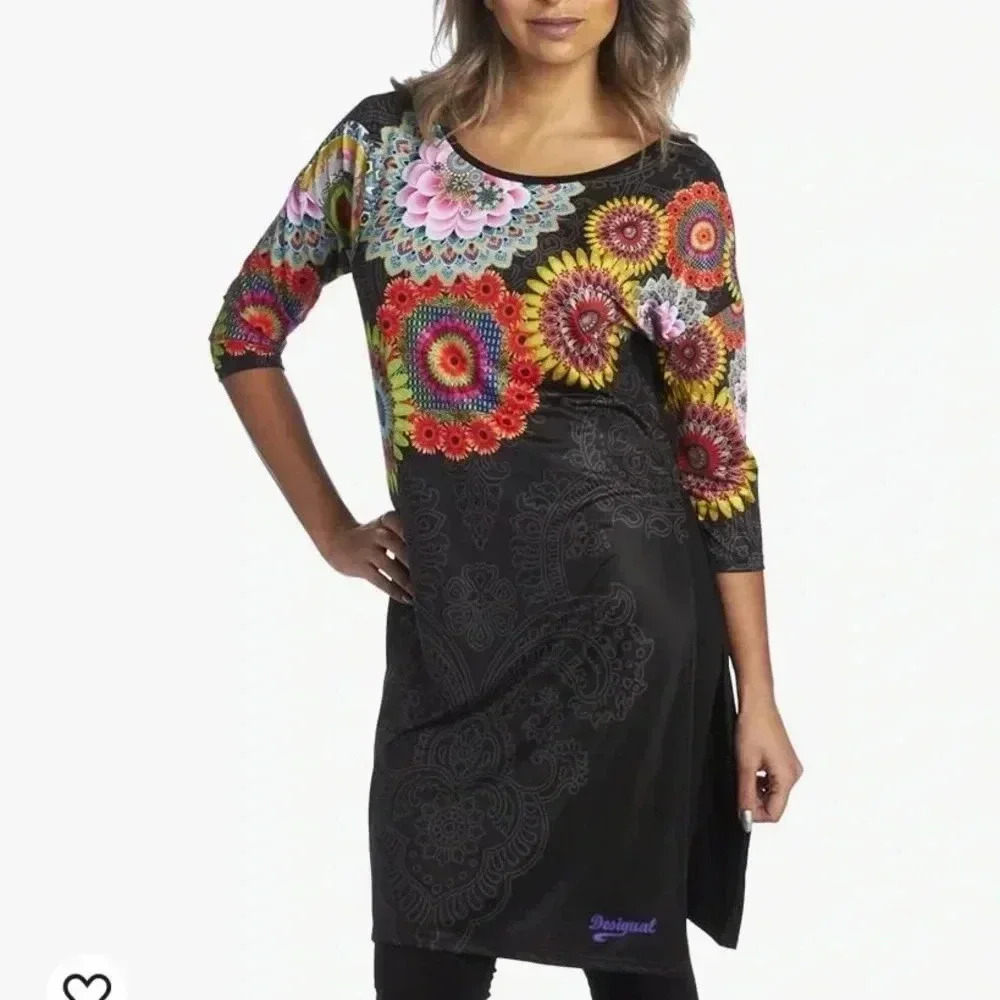 Desigual Longline Tunic Top S Black Rainbow Geometric Flowers Boho Lagenlook